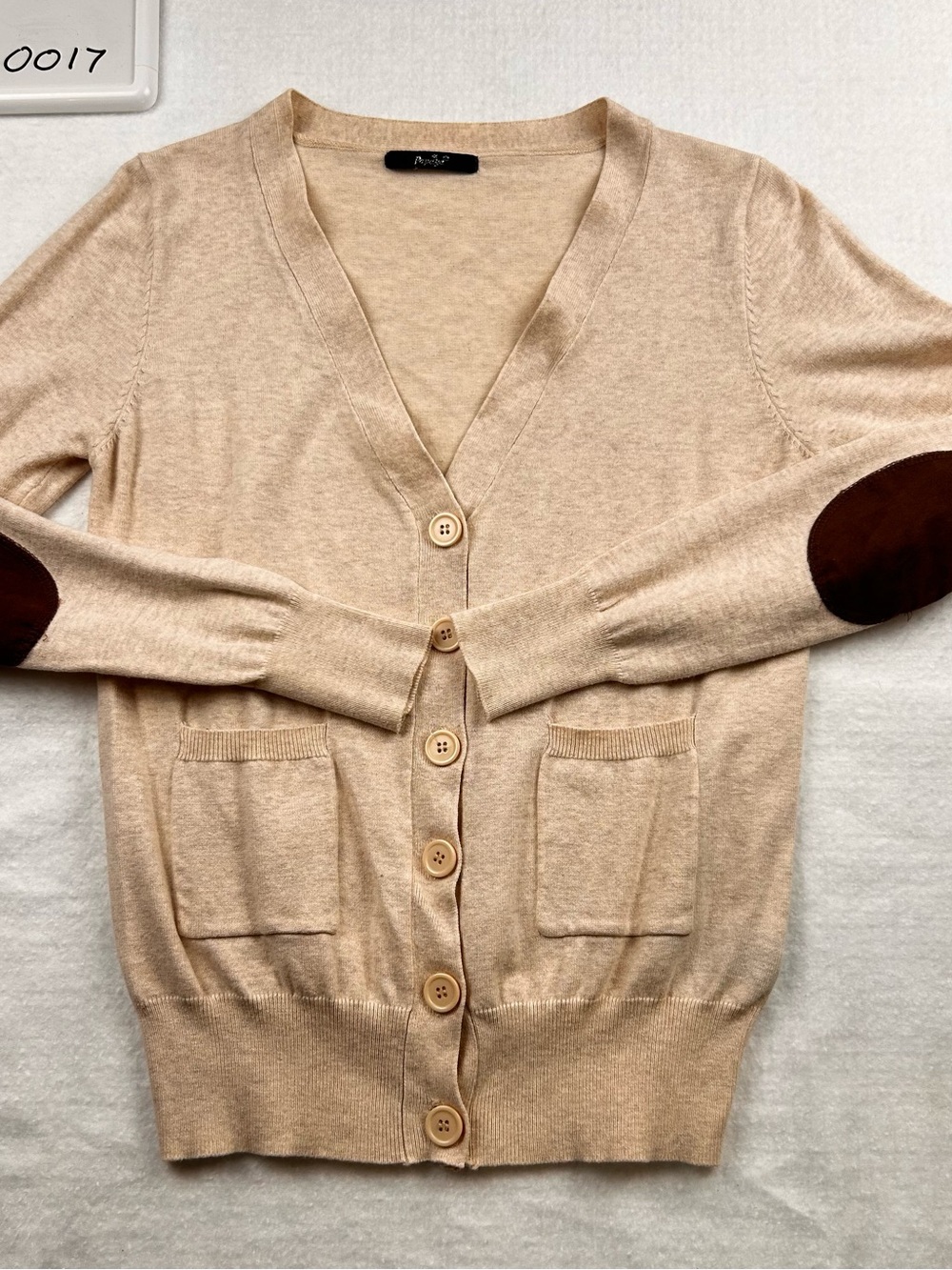 Papillon Blanc Cream V-Neck Button Cardigan with Brown Elbow Patches